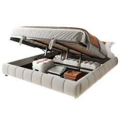 Redom Lit 180x200 cm sans tête de lit avec rangement hydraulique et bande LED blanche, revêtement flanellette beige* Lit Avec Rangement