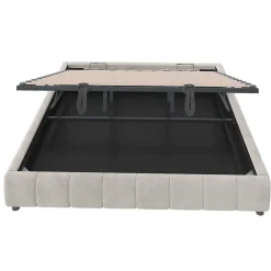 Redom Lit 180x200 cm sans tête de lit avec rangement hydraulique et bande LED blanche, revêtement flanellette beige* Lit Avec Rangement