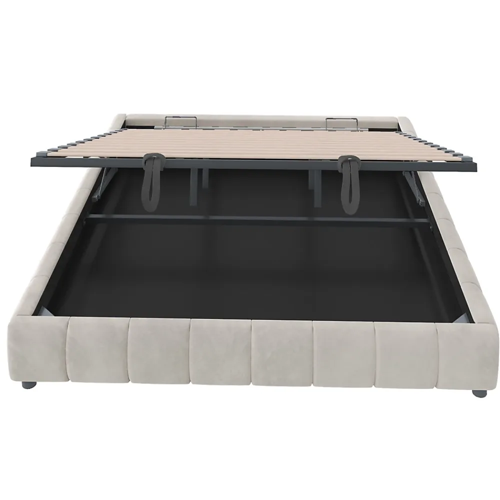 Redom Lit 180x200 cm sans tête de lit avec rangement hydraulique et bande LED blanche, revêtement flanellette beige* Lit Avec Rangement