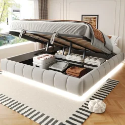Redom Lit 180x200 cm sans tête de lit avec rangement hydraulique et bande LED blanche, revêtement flanellette beige* Lit Avec Rangement