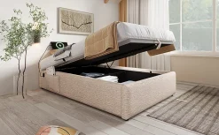 Redom Lit 90x200 cm sommier relevable avec coffre de rangement tapissé lin naturel USB et Type C intégrés* Ensemble Sommier Et Matelas