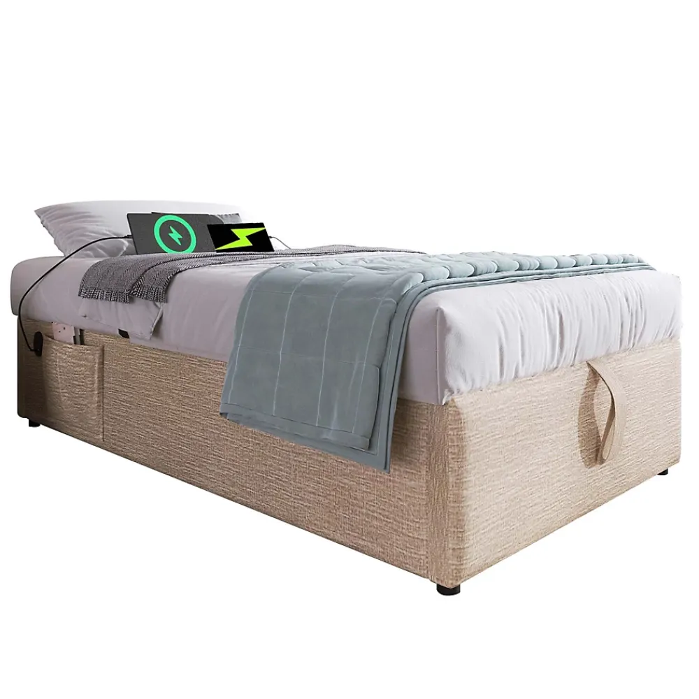 Redom Lit 90x200 cm sommier relevable avec coffre de rangement tapissé lin naturel USB et Type C intégrés* Ensemble Sommier Et Matelas