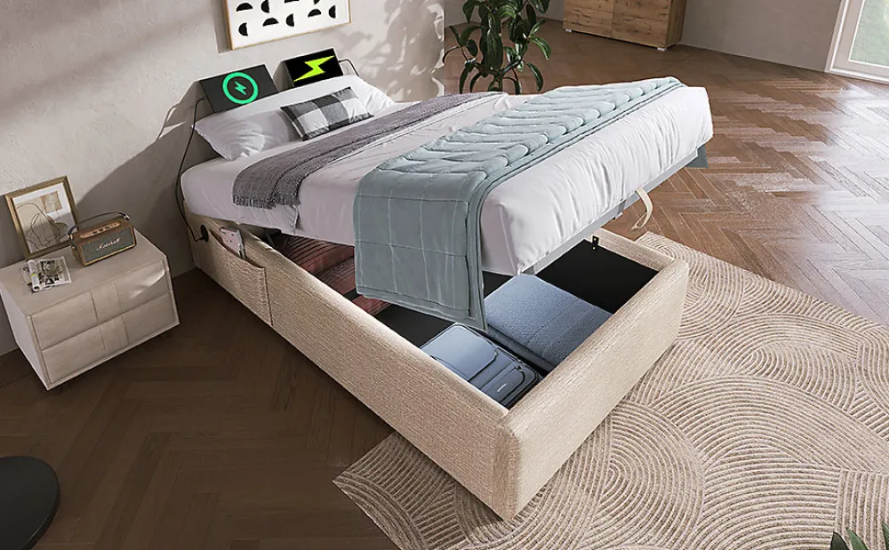 Redom Lit 90x200 cm sommier relevable avec coffre de rangement tapissé lin naturel USB et Type C intégrés* Ensemble Sommier Et Matelas