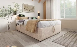 Redom Lit 90x200 cm sommier relevable avec coffre de rangement tapissé lin naturel USB et Type C intégrés* Ensemble Sommier Et Matelas
