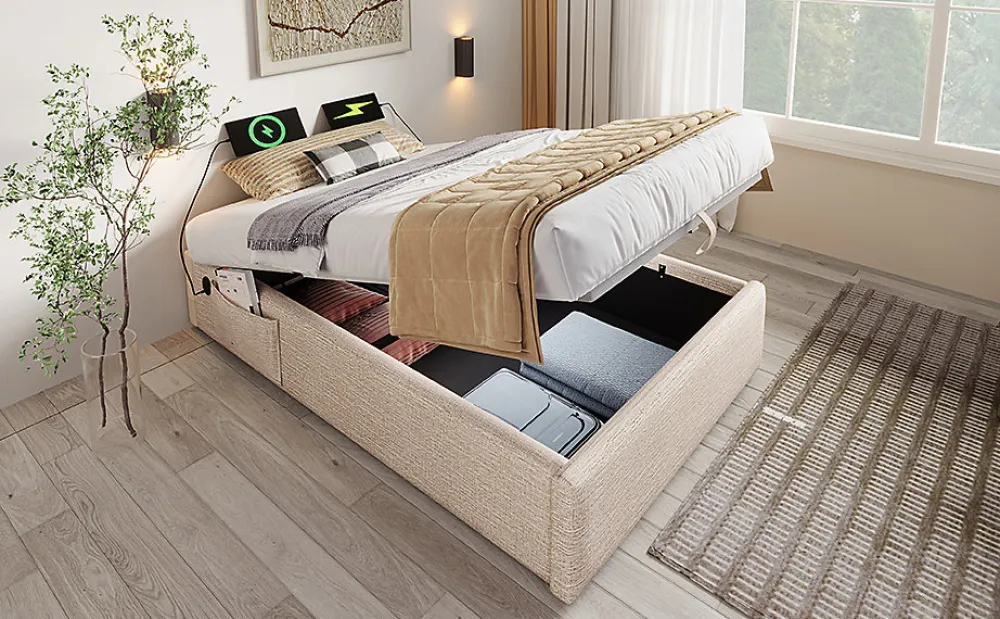 Redom Lit 90x200 cm sommier relevable avec coffre de rangement tapissé lin naturel USB et Type C intégrés* Ensemble Sommier Et Matelas