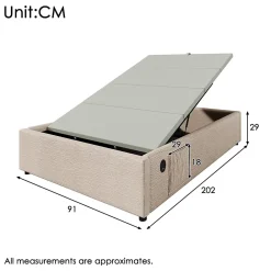 Redom Lit 90x200 cm sommier relevable avec coffre de rangement tapissé lin naturel USB et Type C intégrés* Ensemble Sommier Et Matelas