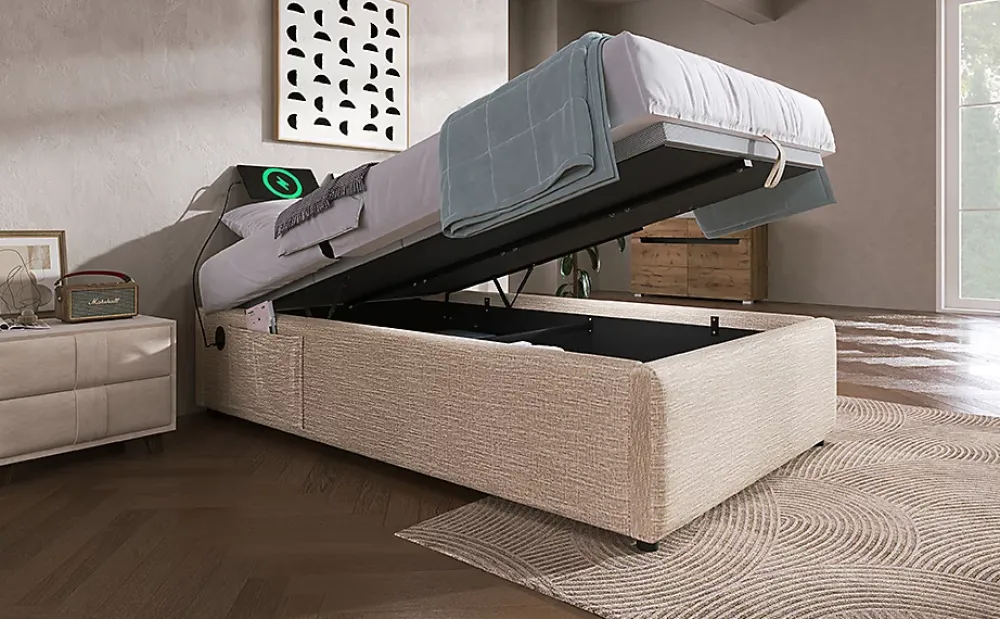 Redom Lit 90x200 cm sommier relevable avec coffre de rangement tapissé lin naturel USB et Type C intégrés* Ensemble Sommier Et Matelas