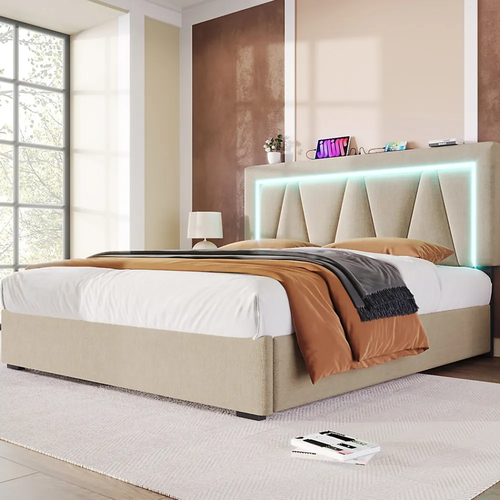Lit 160x200 cm sommier relevable avec coffre de rangement et tête de lit réglable, tapissé lin beige>Redom Clearance