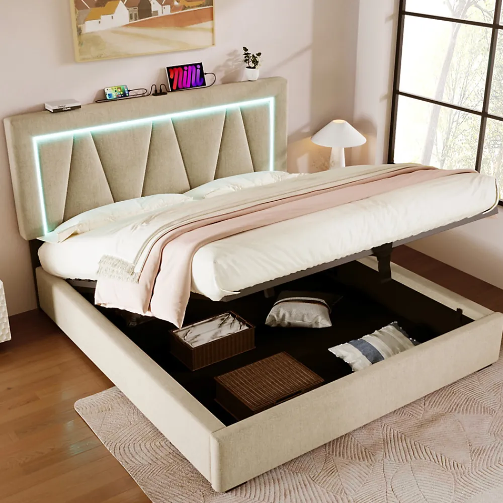 Lit 160x200 cm sommier relevable avec coffre de rangement et tête de lit réglable, tapissé lin beige>Redom Clearance