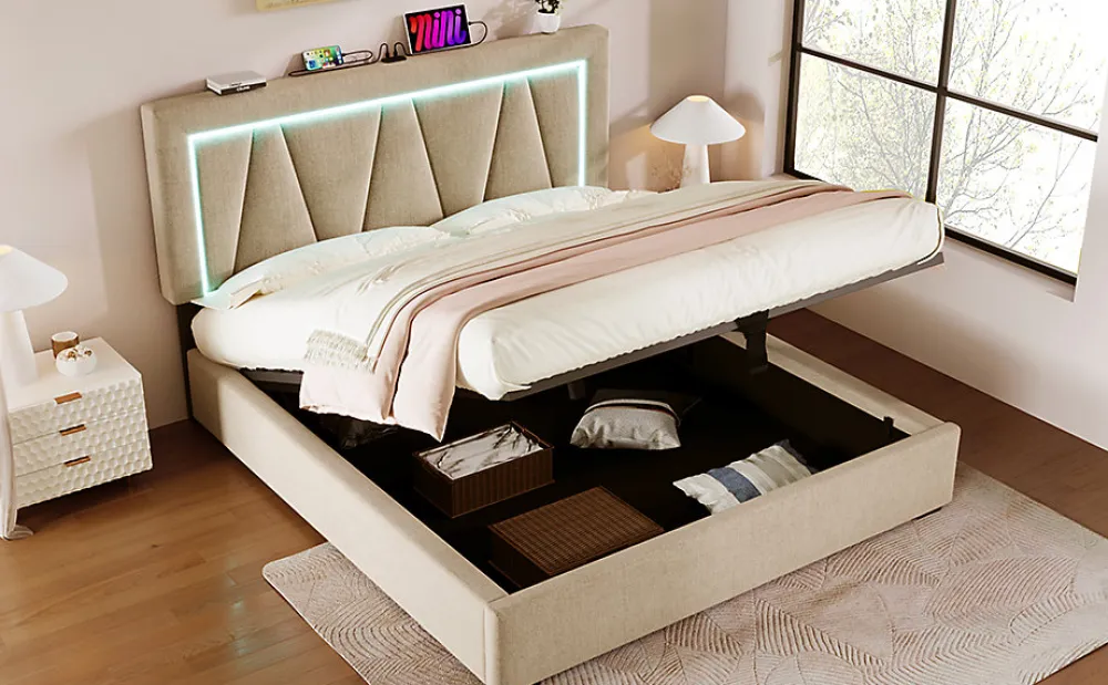 Lit 160x200 cm sommier relevable avec coffre de rangement et tête de lit réglable, tapissé lin beige>Redom Clearance