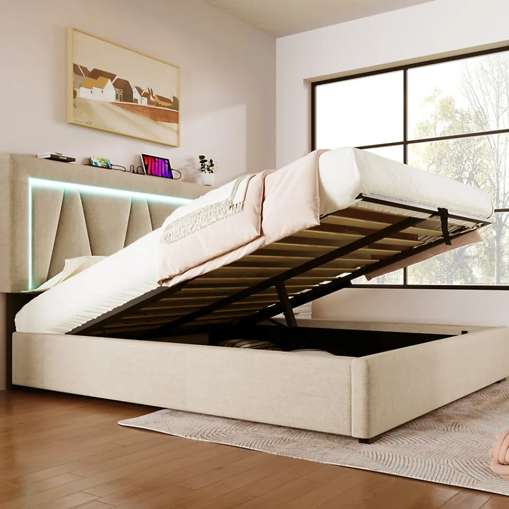 Lit 160x200 cm sommier relevable avec coffre de rangement et tête de lit réglable, tapissé lin beige>Redom Clearance