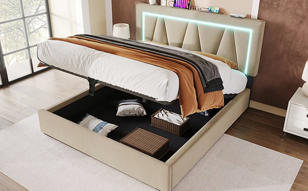 Lit 160x200 cm sommier relevable avec coffre de rangement et tête de lit réglable, tapissé lin beige>Redom Clearance