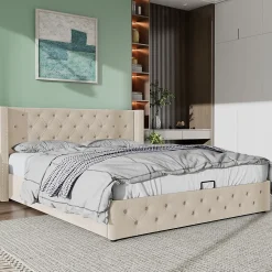 Redom Lit 160x200 cm style Chesterfield avec tête haute 94,5 cm, revêtement velours beige et rangement hydraulique* Lit Avec Rangement