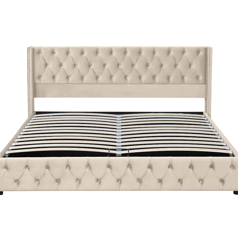 Redom Lit 160x200 cm style Chesterfield avec tête haute 94,5 cm, revêtement velours beige et rangement hydraulique* Lit Avec Rangement