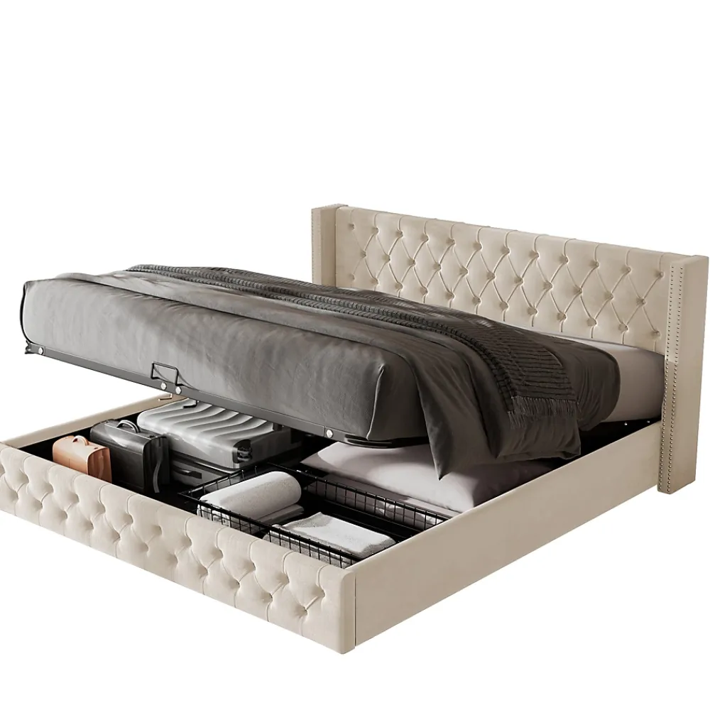 Redom Lit 160x200 cm style Chesterfield avec tête haute 94,5 cm, revêtement velours beige et rangement hydraulique* Lit Avec Rangement