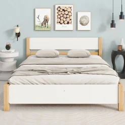 Redom Lit 140x200 cm, style intemporel blanc et bois, tête et pied en MDF, cadre pin massif avec pieds centraux* Lit Double