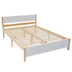 Redom Lit 140x200 cm, style intemporel blanc et bois, tête et pied en MDF, cadre pin massif avec pieds centraux* Lit Double