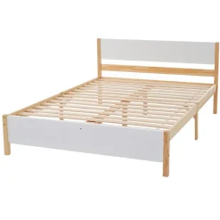 Redom Lit 140x200 cm, style intemporel blanc et bois, tête et pied en MDF, cadre pin massif avec pieds centraux* Lit Double