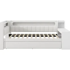 Redom Lit 90x200 cm tapissé avec éclairage LED et ports USB, tiroir gigogne et bureau intégré de couleur blanche* Lit Gigogne