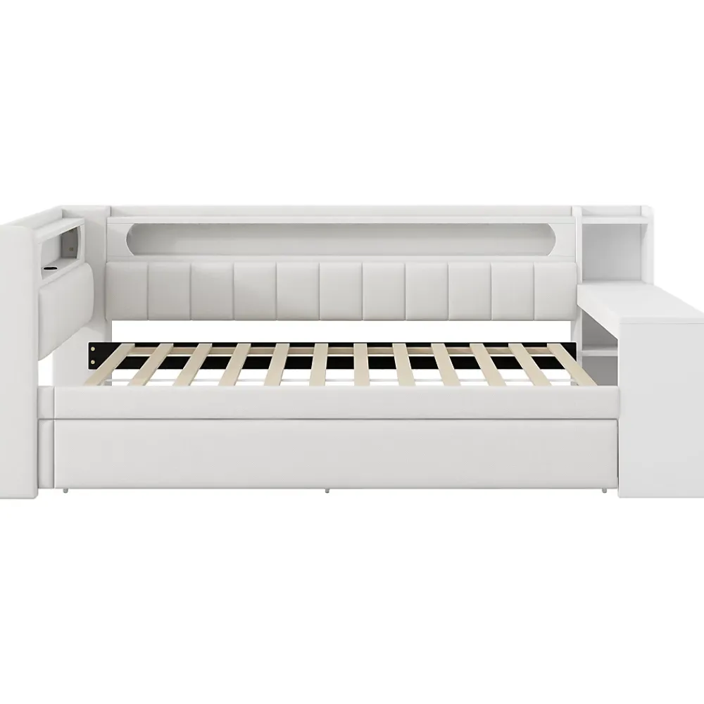 Redom Lit 90x200 cm tapissé avec éclairage LED et ports USB, tiroir gigogne et bureau intégré de couleur blanche* Lit Gigogne