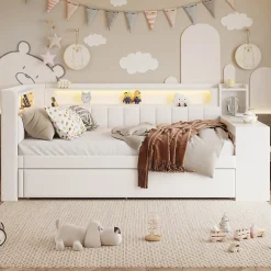 Redom Lit 90x200 cm tapissé avec éclairage LED et ports USB, tiroir gigogne et bureau intégré de couleur blanche* Lit Gigogne