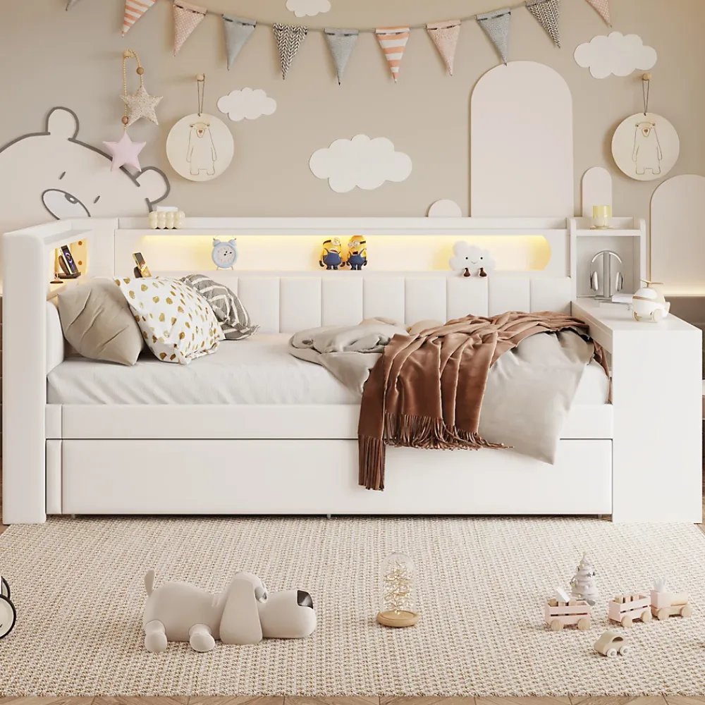 Redom Lit 90x200 cm tapissé avec éclairage LED et ports USB, tiroir gigogne et bureau intégré de couleur blanche* Lit Gigogne