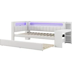 Redom Lit 90x200 cm tapissé avec éclairage LED et ports USB, tiroir gigogne et bureau intégré de couleur blanche* Lit Gigogne