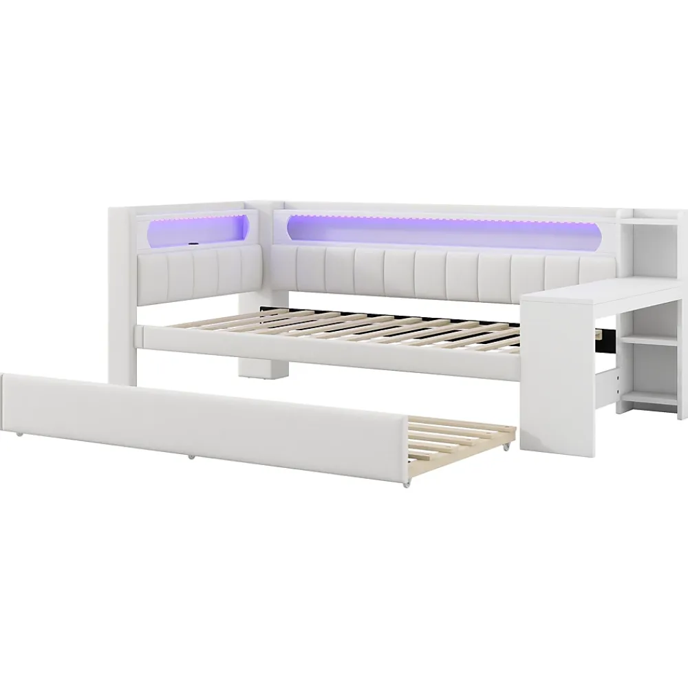 Redom Lit 90x200 cm tapissé avec éclairage LED et ports USB, tiroir gigogne et bureau intégré de couleur blanche* Lit Gigogne