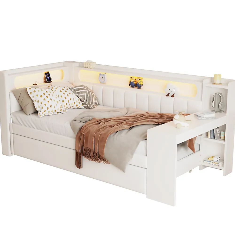 Redom Lit 90x200 cm tapissé avec éclairage LED et ports USB, tiroir gigogne et bureau intégré de couleur blanche* Lit Gigogne