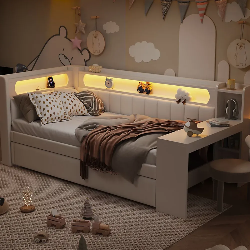 Redom Lit 90x200 cm tapissé avec éclairage LED et ports USB, tiroir gigogne et bureau intégré de couleur blanche* Lit Gigogne