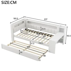 Redom Lit 90x200 cm tapissé avec éclairage LED et ports USB, tiroir gigogne et bureau intégré de couleur blanche* Lit Gigogne
