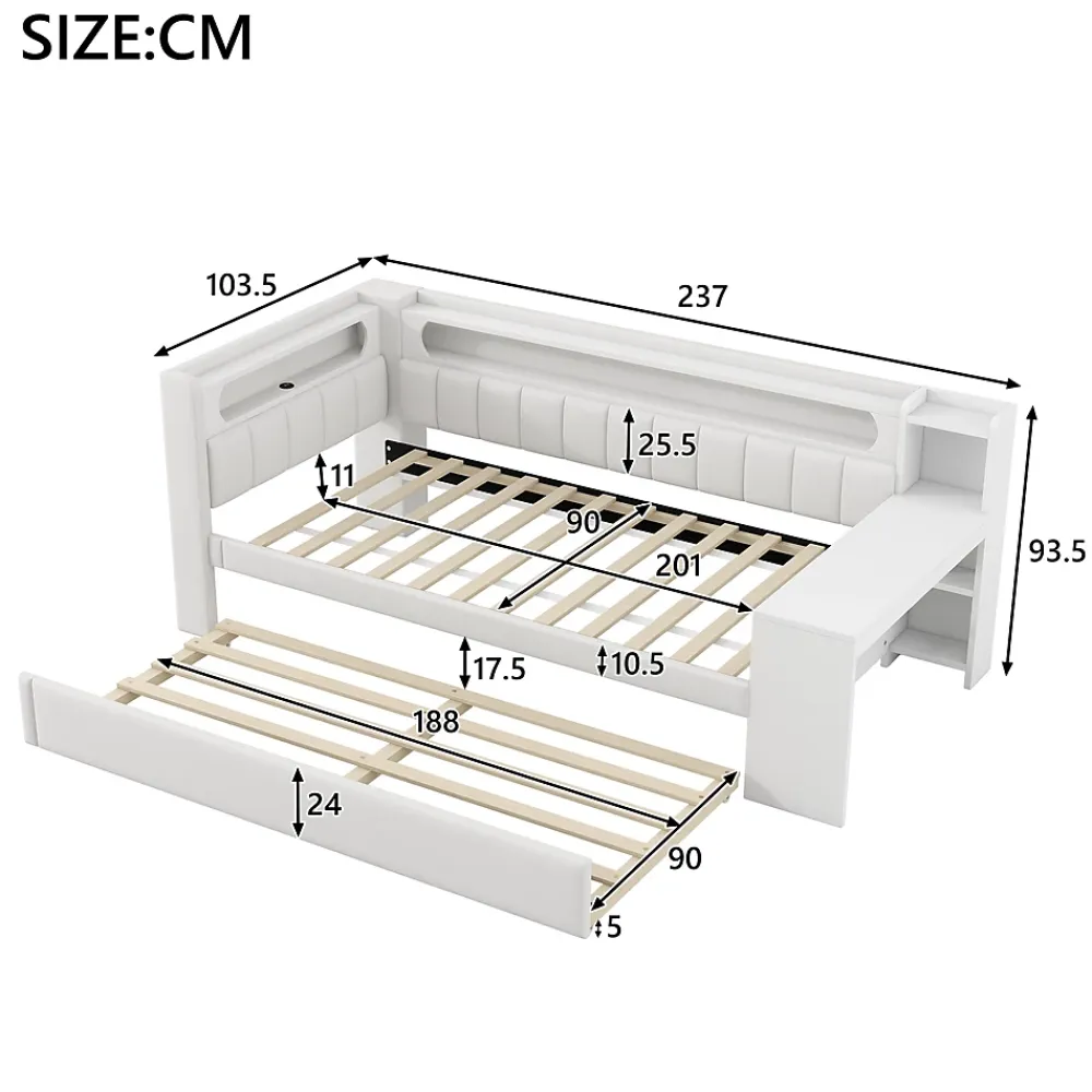 Redom Lit 90x200 cm tapissé avec éclairage LED et ports USB, tiroir gigogne et bureau intégré de couleur blanche* Lit Gigogne