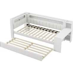Redom Lit 90x200 cm tapissé avec éclairage LED et ports USB, tiroir gigogne et bureau intégré de couleur blanche* Lit Gigogne