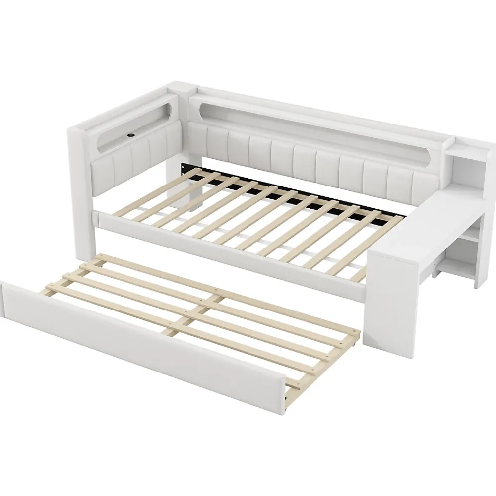 Redom Lit 90x200 cm tapissé avec éclairage LED et ports USB, tiroir gigogne et bureau intégré de couleur blanche* Lit Gigogne