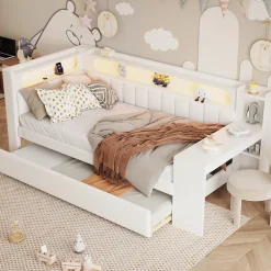 Redom Lit 90x200 cm tapissé avec éclairage LED et ports USB, tiroir gigogne et bureau intégré de couleur blanche* Lit Gigogne