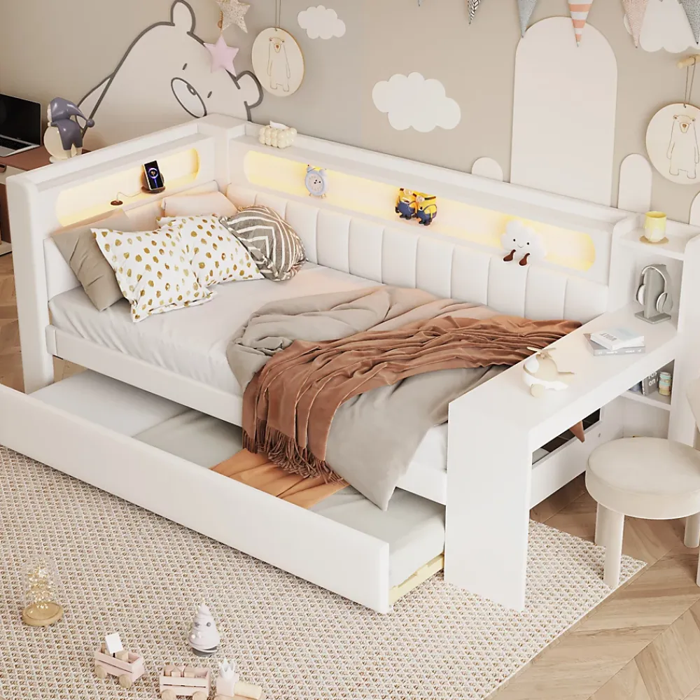 Redom Lit 90x200 cm tapissé avec éclairage LED et ports USB, tiroir gigogne et bureau intégré de couleur blanche* Lit Gigogne