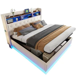 Lit 180x200 cm tapissé beige avec LED multicolore et rangement hydraulique, cadre métal stable><noscript><img width=