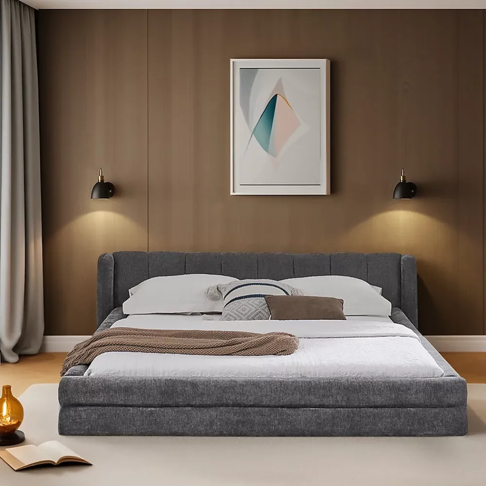 Redom Lit 140x200 cm tapissé chenille avec tête matelassée et structure renforcée, gris foncé, design scandinave* Lit Double