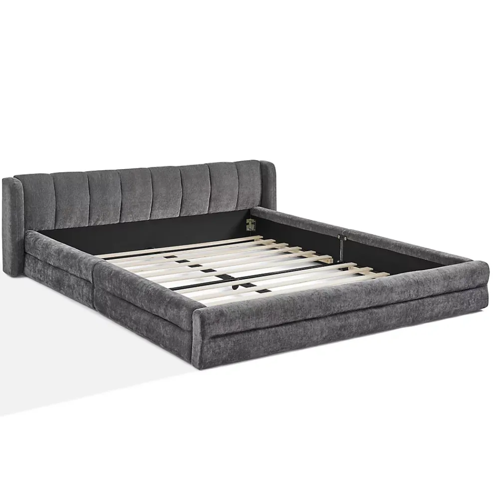 Redom Lit 140x200 cm tapissé chenille avec tête matelassée et structure renforcée, gris foncé, design scandinave* Lit Double