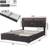 Redom Lit 140x190 cm tapissé effet lin avec tête de lit à éclairage LED, rangement sous le lit et structure acier* Lit Avec Rangement