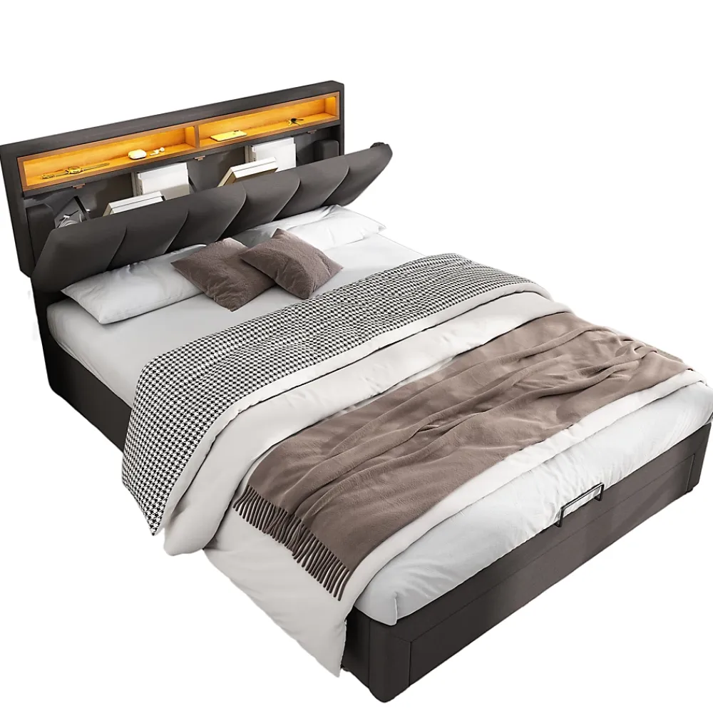 Redom Lit 140x190 cm tapissé effet lin avec tête de lit à éclairage LED, rangement sous le lit et structure acier* Lit Avec Rangement