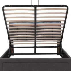 Redom Lit 140x190 cm tapissé effet lin avec tête de lit à éclairage LED, rangement sous le lit et structure acier* Lit Avec Rangement