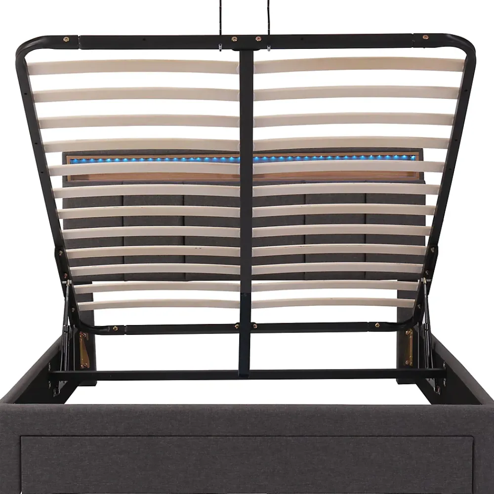 Redom Lit 140x190 cm tapissé effet lin avec tête de lit à éclairage LED, rangement sous le lit et structure acier* Lit Avec Rangement