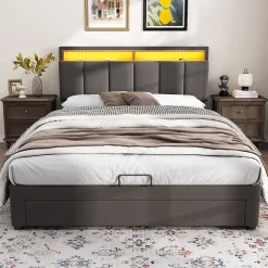 Redom Lit 140x190 cm tapissé effet lin avec tête de lit à éclairage LED, rangement sous le lit et structure acier* Lit Avec Rangement