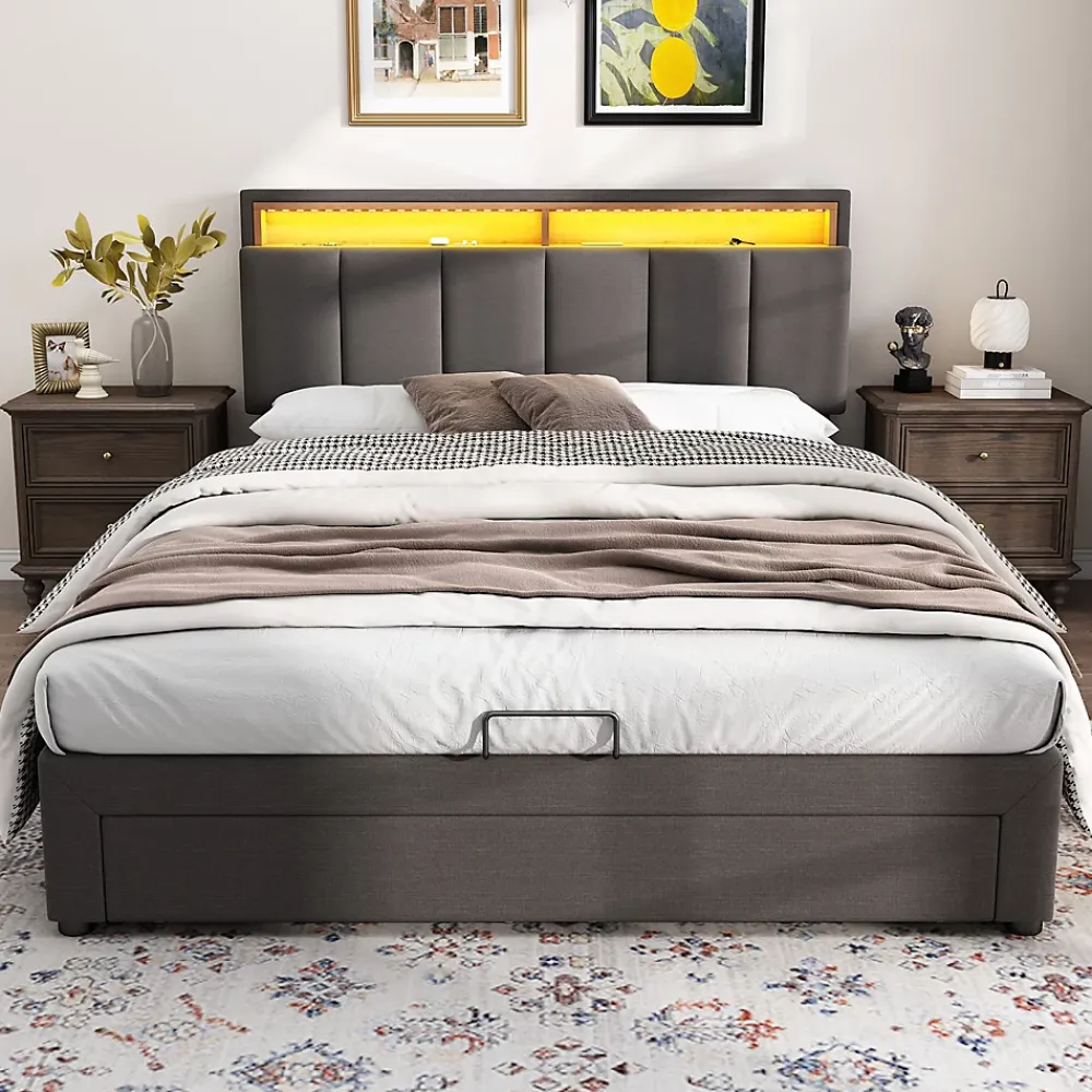 Redom Lit 140x190 cm tapissé effet lin avec tête de lit à éclairage LED, rangement sous le lit et structure acier* Lit Avec Rangement