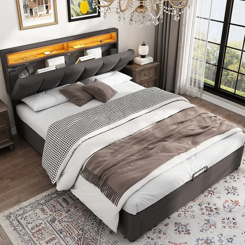 Redom Lit 140x190 cm tapissé effet lin avec tête de lit à éclairage LED, rangement sous le lit et structure acier* Lit Avec Rangement