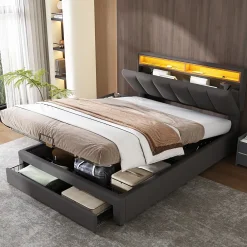 Redom Lit 140x190 cm tapissé effet lin avec tête de lit à éclairage LED, rangement sous le lit et structure acier* Lit Avec Rangement