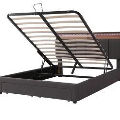 Redom Lit 140x190 cm tapissé effet lin avec tête de lit à éclairage LED, rangement sous le lit et structure acier* Lit Avec Rangement