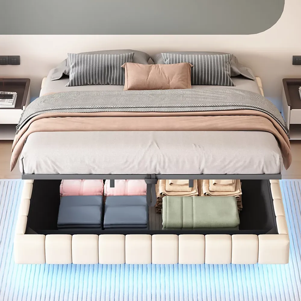 Redom Lit 180x200 cm tapissé en lin beige avec rangement hydraulique et bande LED intégrée, sans tête, cadre métal robuste* Lit Avec Rangement