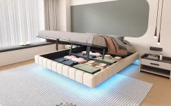 Redom Lit 180x200 cm tapissé en lin beige avec rangement hydraulique et bande LED intégrée, sans tête, cadre métal robuste* Lit Avec Rangement